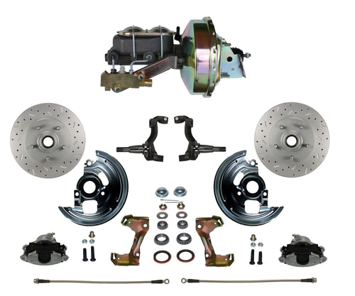 Power Front Disc Brake Conversion Kit LEED BRAKES Cross Drilled And Slotted Rotors With 9" Zinc Booster Cast Iron M/C Disc/Drum Side Mount