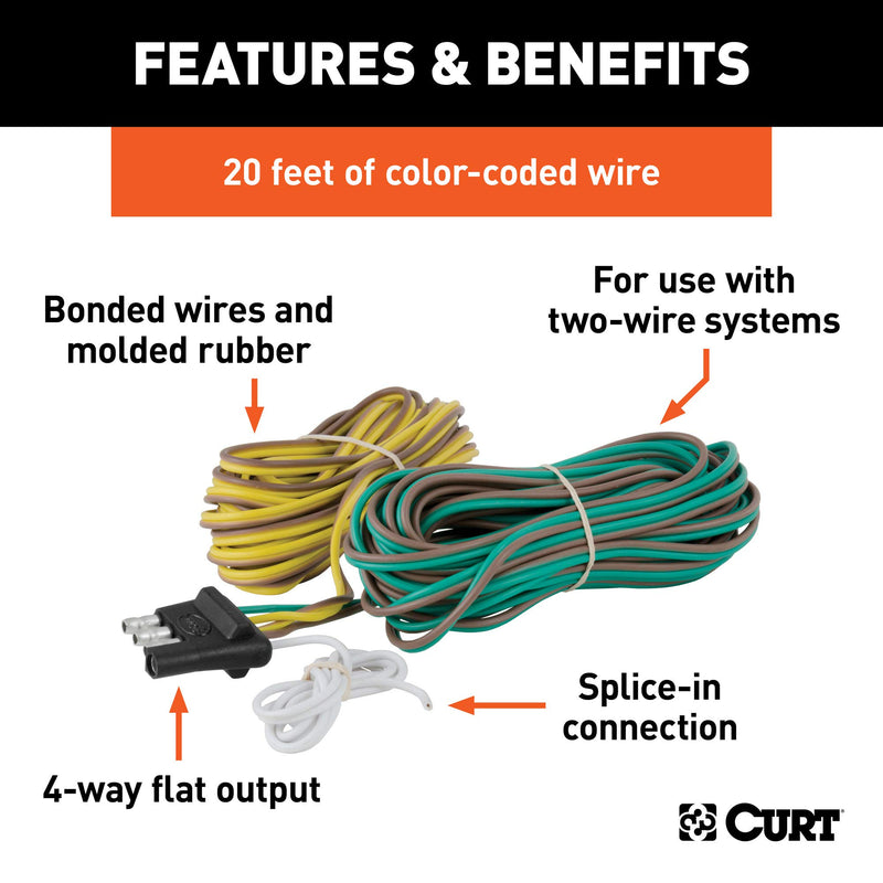 CURT 4-Pin Flat Wiring Harness for Rewiring Trailer, Includes 20-Foot Wires 57220