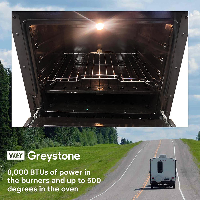 12 Volt RV Gas Range and Cooktop, Greystone Stove and Oven Combo, 21 Inch, LP Gas, Black