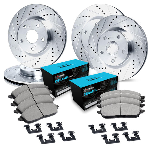 Brake Kit R1 Concepts Front and Rear For 1991-1995 Chrysler LeBaron, Dodge Spirit, Plymouth Acclaim| Drilled Slotted Brake Rotors| Ceramic Brake Pads and Rotors Kit|Hardware included