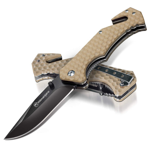 Kilimanjaro Folding Knife UTAC, Drop Pt. Black Satin Blade, Tan, One Size
