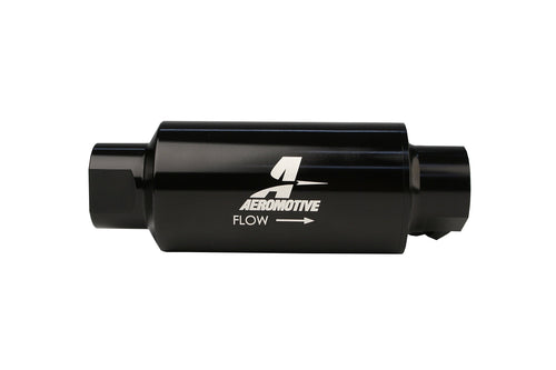 Aeromotive Filter 12333 w/Dual Outlet, 10-Micron Fabric Element, In-Line, ORB10 Inlet/Outlet plus ORB-06 Outlet, Bright-Dip Black, 2" OD