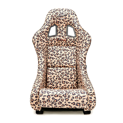 NRG Innovations FRP Bucket Seat NRG-FRP-303BR-SAVAGE PRISMA- SAVAGE Edition Leopard Print Finish in Vegan Material with White Pealized Back Plus Phone Pockets. (Medium)