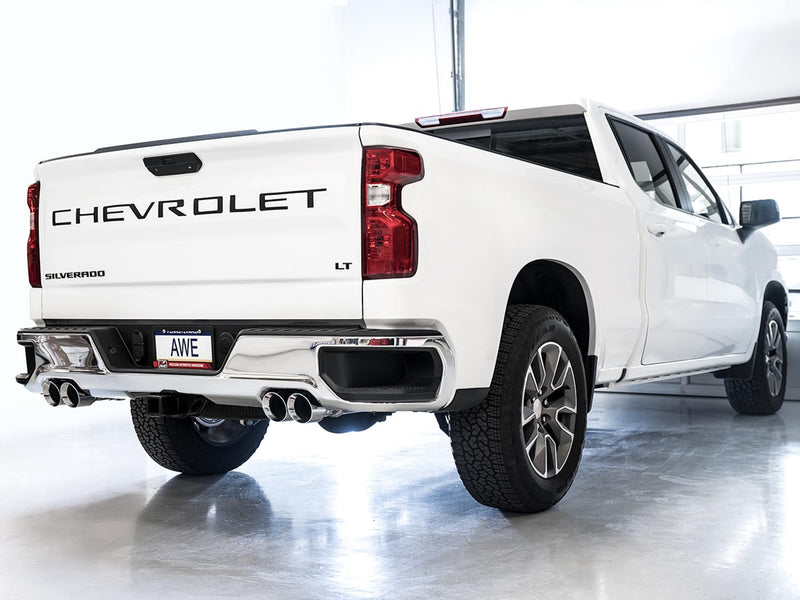 4th Gen AWE Tuning GM 1500 5.3L 0FG Catback Split Rear Exit (w/Bumper Cutouts) - Quad Chrome Tips - 3015-42201