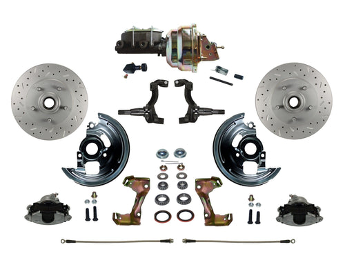 Power Front Disc Brake Conversion Kit LEED BRAKES Cross Drilled And Slotted Rotors With 8" Dual Zinc Booster Cast Iron M/C Adjustable Proportioning Valve