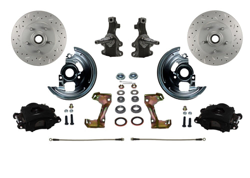 Spindle Mount Kit LEED BRAKES With 2" Drop Spindle Drilled And Slotted Rotors Black Powder Coated Calipers