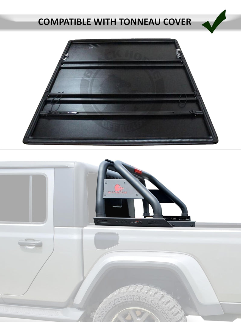 Classic Black Horse Roll Bar Incl. Pair of 7.0" Dia. LED Lights w/Red Trim Rings Compatible with 2020-2024 Jeep Gladiator-RB09BK-PLR