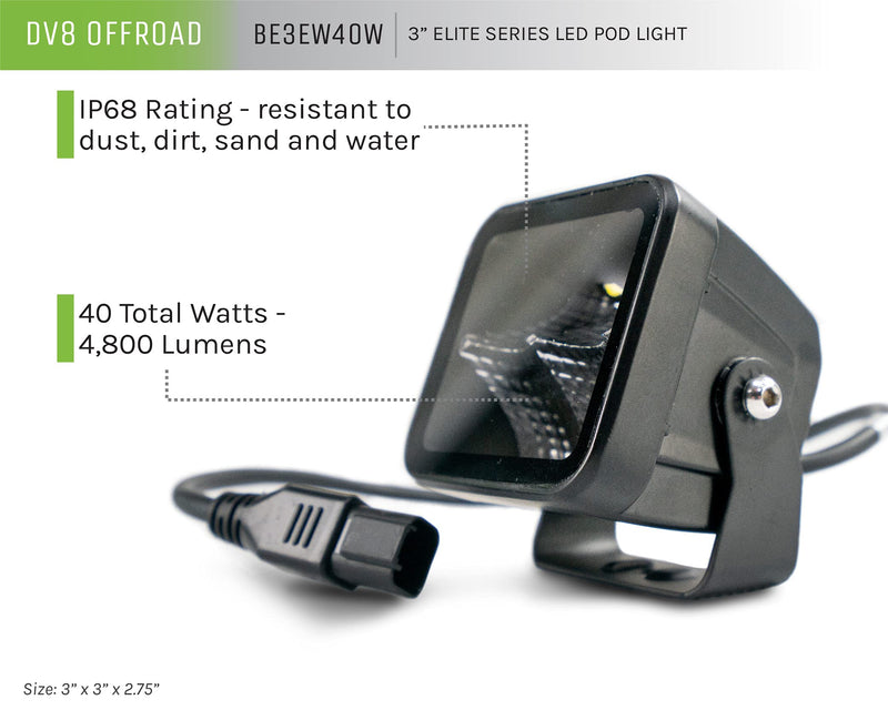LED Cube Light | DV8 Offroad | 3" Cube Light | 4,800 Lumen from OSRAM LED's | Bezel-Less Housing w/Heat Fins | IP 68 Rated UV Resistant Lens | Flood Pattern | Elite Series BE3EW40W