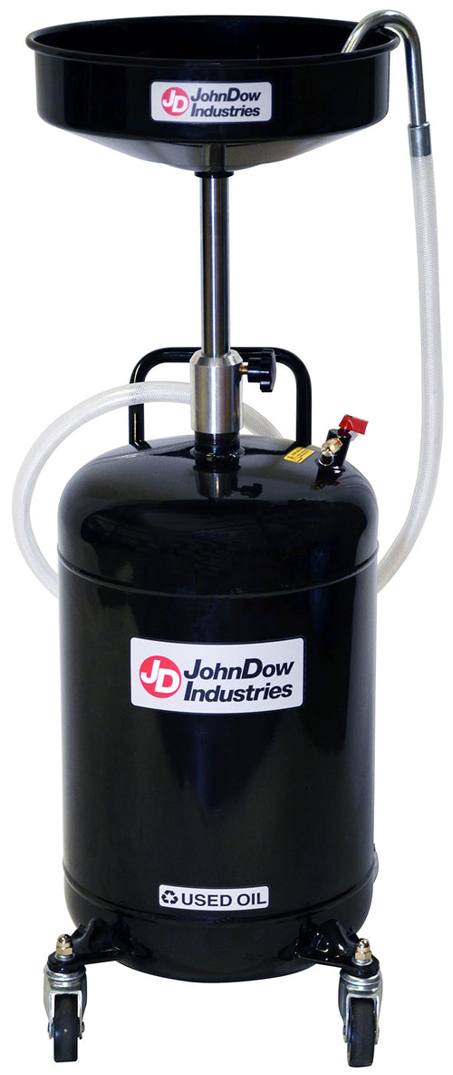 JDI-18DC JohnDow Industries 18 Gallon Air-Operated Self-Evacuating Portable Oil Drain, 16 inch Diameter Funnel, Adjustable Funnel Height of 36.5 in to 59 in. 6 Foot Nylon Reinforced Discharge Hose