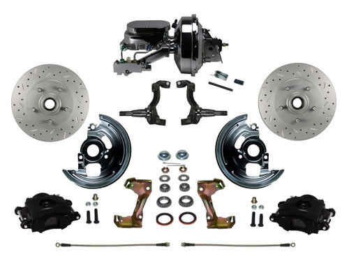 Power Front Disc Brake Kit LEED BRAKES Drilled And Slotted Rotors, Black Powder Coated Calipers With 9" Booster Disc/Drum