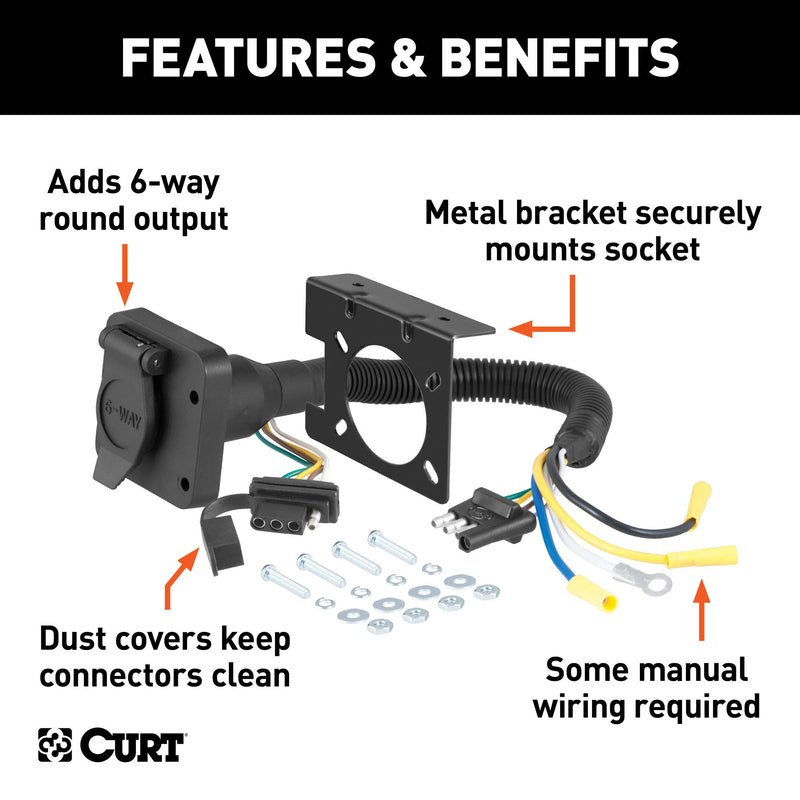 CURT Dual-Output 57604 4-Way Flat Vehicle-Side to 6-Way Round Trailer Wiring Adapter