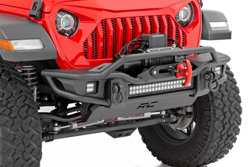 Tubular Rough Country Front Bumper for Jeep Gladiator JT/Wrangler JK & JL/Wrangler Unlimited (2007-2025) - Built-in LED Lights, Skid & Winch Plate