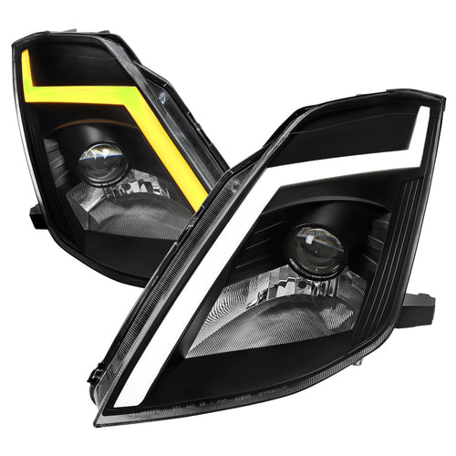 Sequential SPEC-D TUNING Black Projector Switchback Headlights w/LED Strip and Startup Animation Compatible with 2003-2005 Nissan 350Z, Left + Right Pair Headlamp Assembly