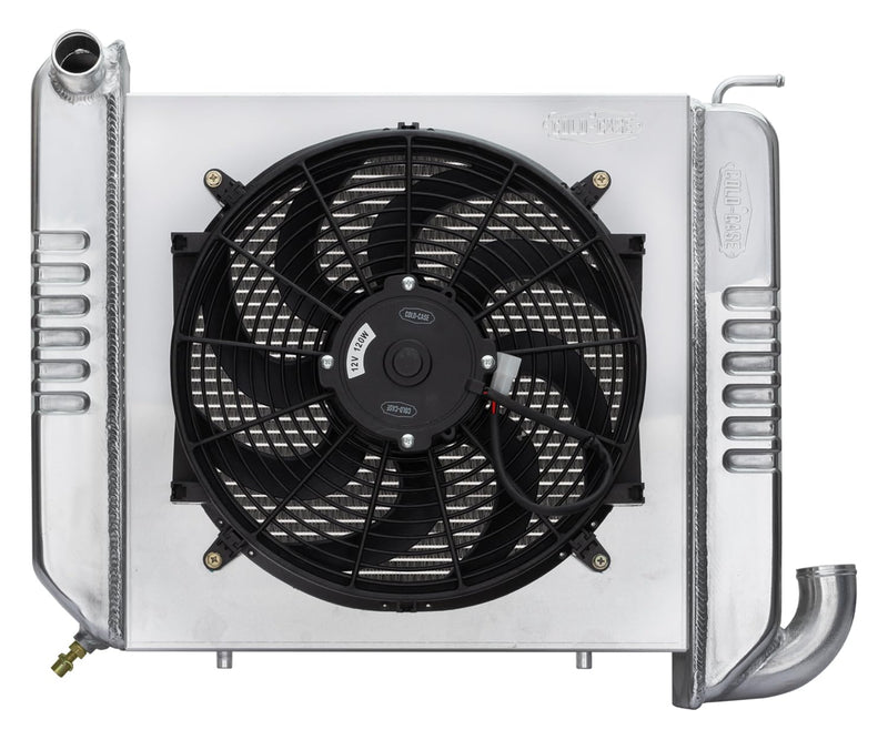 Radiator and Fan, Cold Case Radiators, 24.5 in W x 18 in H x 6.75 in D, Driver Side Inlet, Passenger Side Outlet, Aluminum, Polished, compatible with Chevy Corvette 1965-68, Kit
