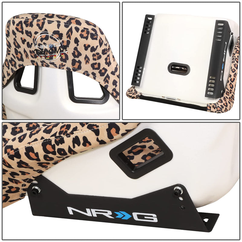 NRG Innovations Prisma Fixed Back Bucket Racing Seat NRG-FRP-302-BR-SAVAGE with Bottom Mount Bracket, Brown Savage Leopard Print Fabric/White Pearl Back