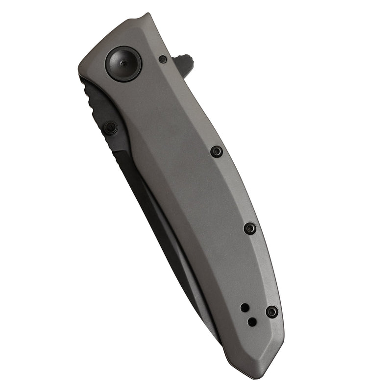 Kershaw Pocketknife Grid, 3.7" 8Cr13MoV Steel Drop Point Plain Edge Blade, Assisted One-Handed Flipper or Thumb Stud Opening, Frame Lock EDC,Grey/Black