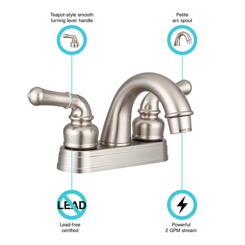 Dura Faucet RV Bathroom Sink Faucet DF-PL620C-SN - Smooth Turning 2-Lever (Brushed Satin Nickel)
