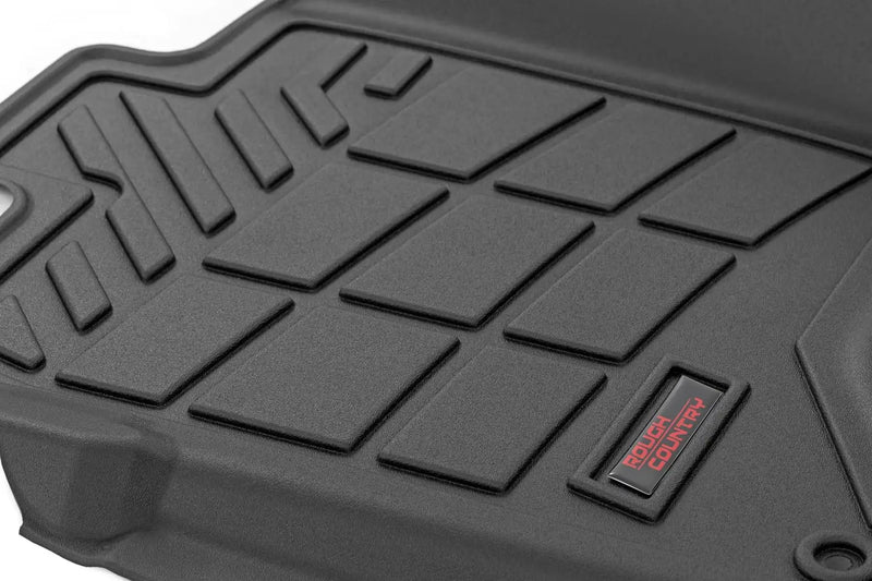 Flex-Fit Rough Country Floor Mats for Chevy Silverado & GMC Sierra 1500/2500HD/3500HD (2014–2018) Crew Cab - Front & Rear Set, All-Weather Non-Slip TPE Liners w/Spill Saver Lip