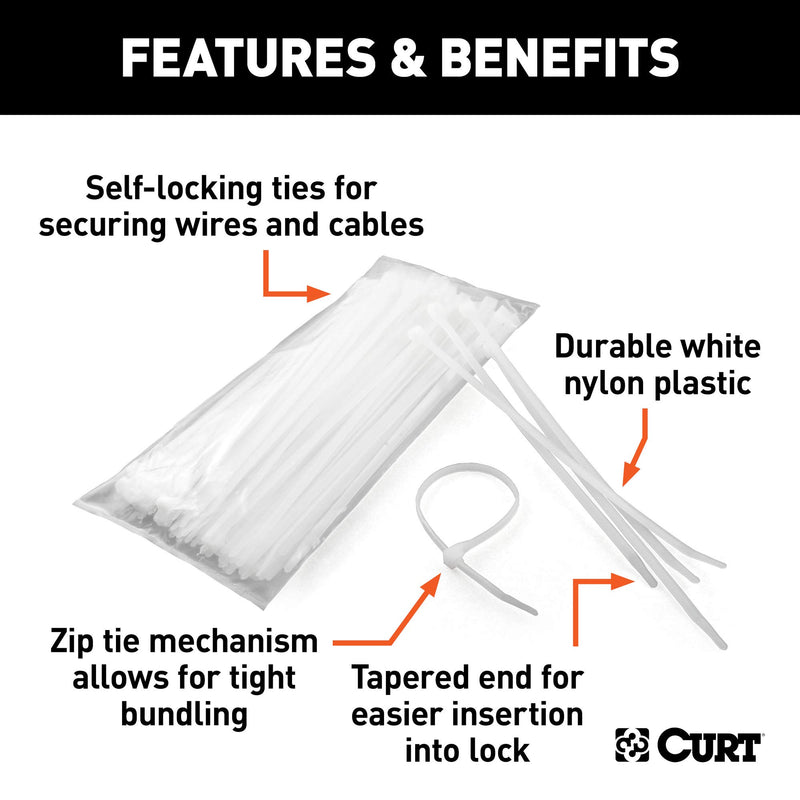 CURT Plastic Zip Ties, 7-1/4-Inch Long, White, 100-Pack
