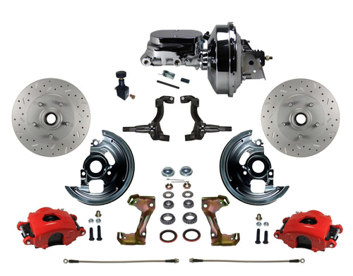 Power Front Disc Brake Kit LEED BRAKES Drilled And Slotted Rotors, Red Powder Coated Calipers With 9" Chrome Booster, Chrome M/C Adjustable Proportioning Valve