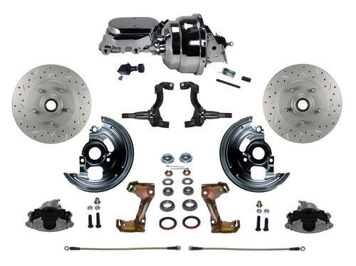 Power Front Disc Brake Conversion Kit LEED BRAKES Cross Drilled And Slotted Rotors With 8" Dual Chrome Booster Flat Top Chrome M/C Adjustable Proportioning Valve