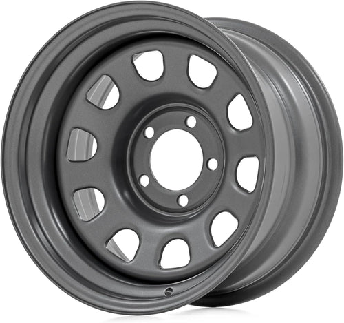 Gray Rough Country Steel Wheel - 17x9, 5x5 Bolt Pattern, 12mm Offset, 3.30 Bore, Heavy-Duty D-Window Off-Road Rim for Trucks & Jeeps