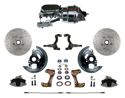 Power Front Disc Brake Conversion Kit LEED BRAKES Cross Drilled And Slotted Rotors With 7" Dual Chrome Booster Flat Top Chrome M/C Disc/Disc Side Mount