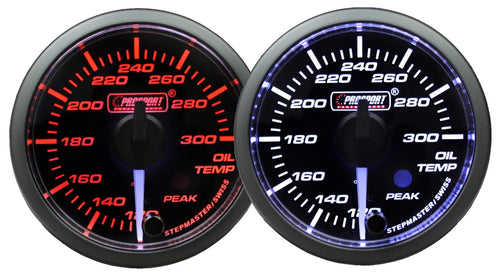 Prosport Oil Temperature Gauge 52mm (2 1/16") Electrical Premium Clear Lens with White Pointer Series Amber/White with Peak Recall and Warning
