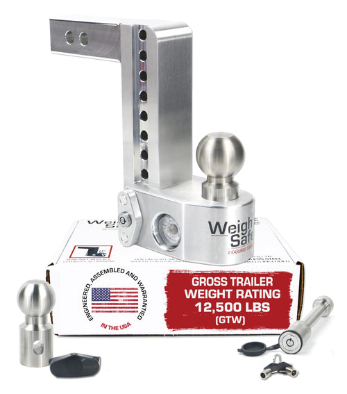 Weigh Safe Adjustable Hitch Ball Mount Trailer - 8" Drop Hitch for 2" Receiver w/ 2 pc Keyed Alike Lock Set, Premium Aluminum Trailer Tow Hitch w/ Built in Weight Scale for Anti Sway, 12,500 lbs GTW