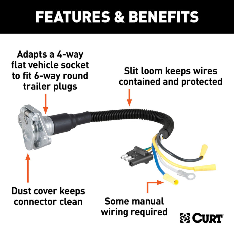 CURT 4-Way Flat Vehicle-Side to 6-Way Round Trailer Wiring Adapter 57183