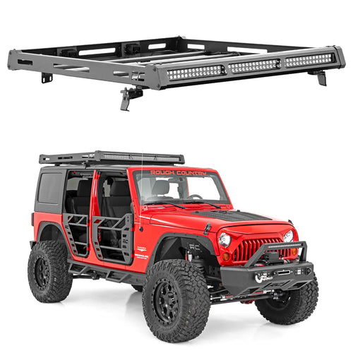 Rough Country Roof Rack for Jeep Wrangler JK (2007–2018) with LED Lights - Heavy-Duty Cargo Rack, 50" LED Light Bar & Dual 2" Flush Mount LEDs, Freedom Top Compatible