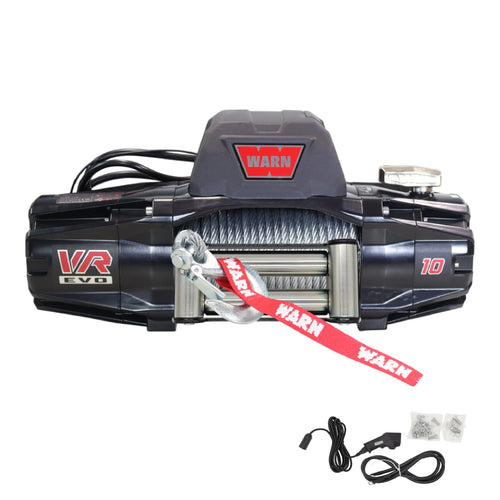 10 WARN VR EVO Standard Duty Electric Winch for Pickups, 1/2-ton, Jeeps, and Larger SUVs, 12V DC, 10,000 lb Line Pull, 90 ft Steel Cable with Roller Fairlead, Relocatable Control Pack.