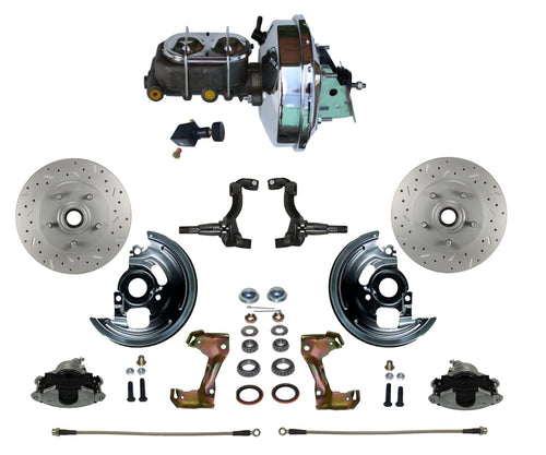 Power Front Disc Brake Conversion Kit LEED BRAKES Cross Drilled And Slotted Rotors With 9" Chrome Booster Cast Iron Chrome Top M/C Adjustable Proportioning Valve