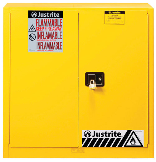 Justrite 40 Gallon Paint and Ink Manual Close Safety Cabinet, 18 Gauge Steel, 3 Shelves, 43" x 44" x 18", 2 Door Combustibles Cabinet, Made in The USA, Yellow, 893010