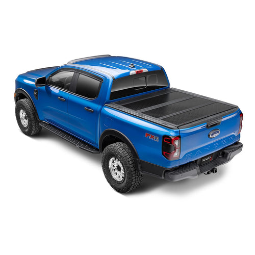 TrailFX Hard Tonneau Tri-Fold Cover Fits 2022-2026 Ford Maverick Hard Folding 3 Folds 3 Panels Lockable Tailgate Handle Gloss Black Textured Aluminum Clamp-On Installation