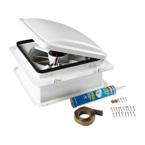 Furrion 14" RV Rooftop Vent Exhaust Fan with Lid, 10-Blade, Four Fan Speeds, Push-Button Controls, Removable Insect Screen, Flush-Mount Design for 2" to 7" Thick Roofs, White - FVF14D90R6A-PS-AM