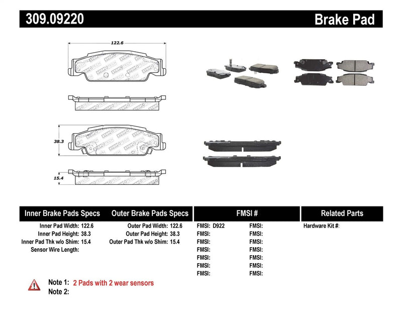 Sport Brake Pads StopTech 309.09220 with Shims and Hardware