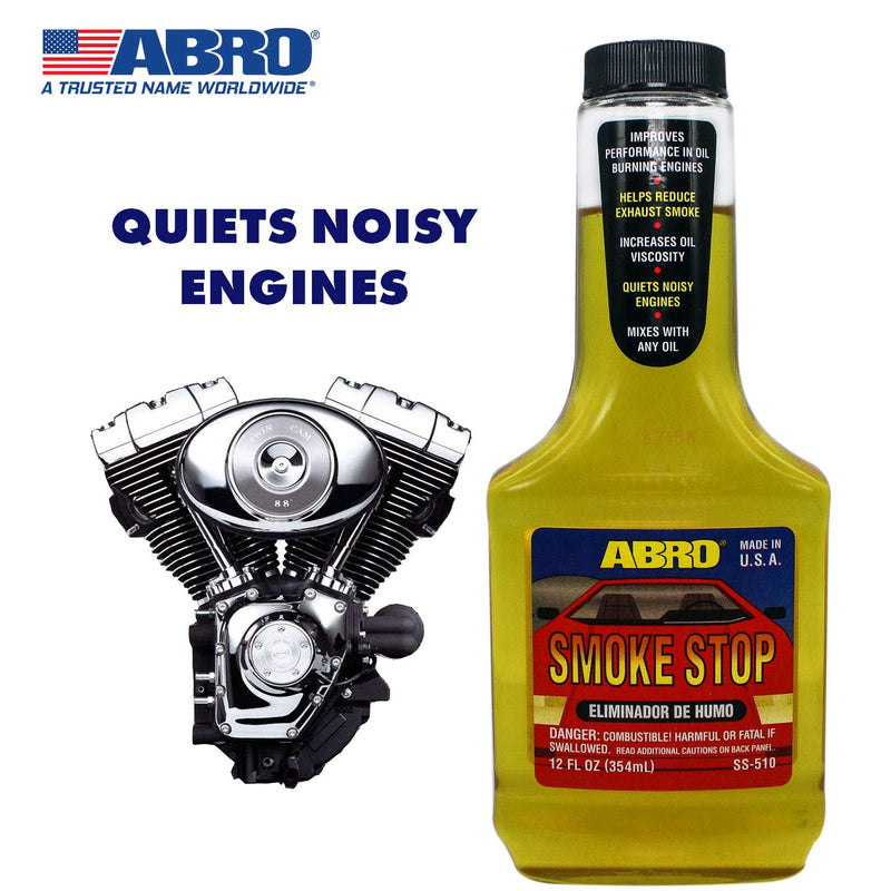 Smoke Stop ABRO, 12 Oz., Halt Exhaust Smoking & Crankcase Gases, Boost Engine Life, Increases Oil Viscosity for Better Compression, Reduce Smoke, Silence Engines, Mixes with Any Oil