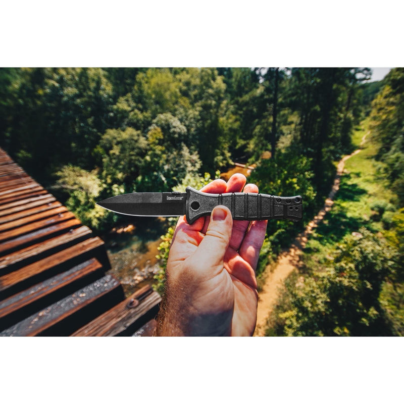 Kershaw Pocketknife XCOM Military-Style; 3.6-inch Black-Oxide Coated Blade and 8Cr13MoV Steel, Spearpoint Blade, Sharpened One Side, and Glass Filled Nylon Handle, Manual Open, Reversible Pocketclip
