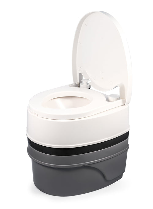 Camco Premium Portable Travel Toilet With Swivel Dumping Elbow and Three Directional Flush | Designed for Camping, RV, Boating And Other Recreational Activities - (5.3 gallon) (41545),White
