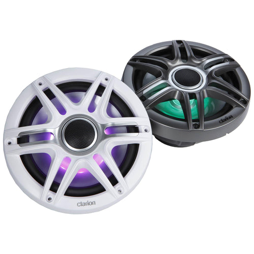 Clarion 7.7-inch CMSP-771RGB-SWG Premium Coaxial Marine Speakers with Built-in RGB Illumination, 60W RMS, with White & Gray Metallic Grilles