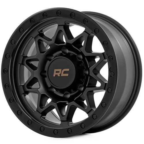 78 Series Rough Country One Piece Aluminum Wheel with Simulated Beadlock - 17x8.5, 6x135mm Bolt Pattern, +0mm Offset, Rugged 10-Spoke Design, Semi Gloss Black