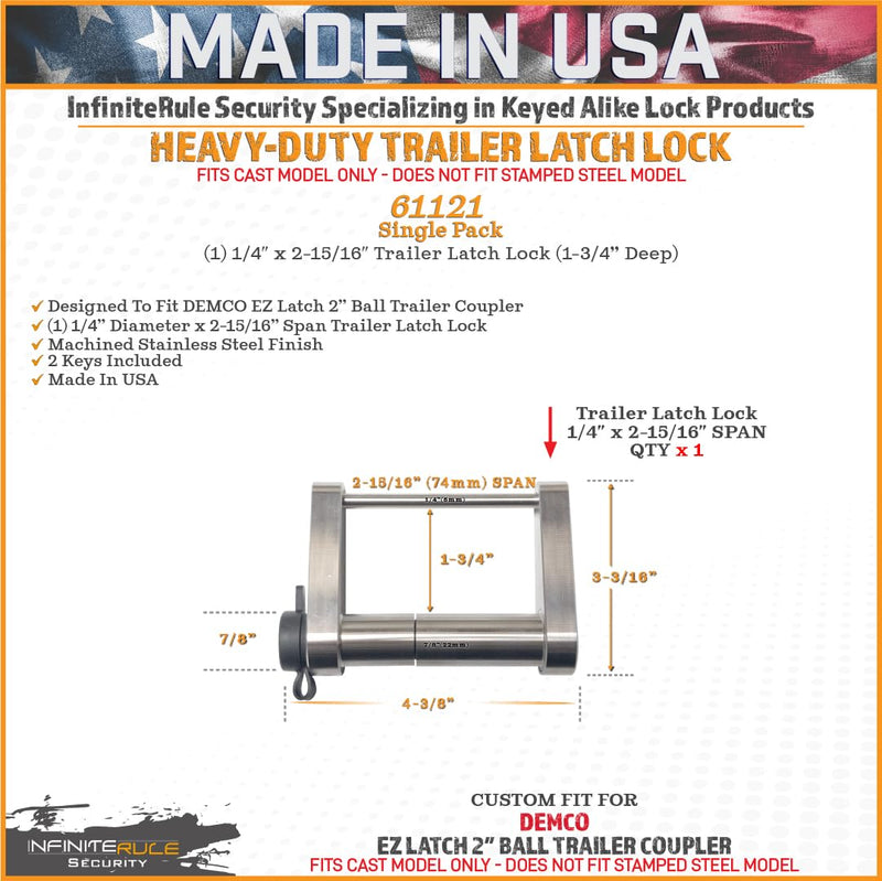 Trailer Latch Lock for DEMCO EZ Latch - InfiniteRule Security 61121 | 2.0" Ball