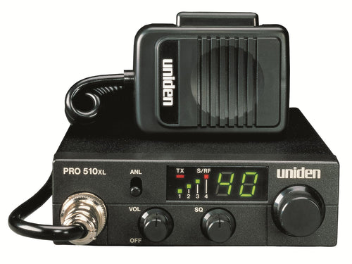 Pro Series Uniden PRO510XL 40-Channel CB Radio. Compact Design. Backlit LCD Display. Public Address. ANL Switch and 7 Watts of Audio Output. Unique PLL Circuit. S/RF LED Meter. , Black