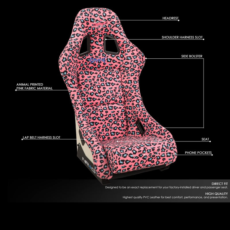 NRG Innovations Prisma FRP-303-PK-SAVAGE Fixed Back Bucket Racing Seat with Bottom Mount Bracket,Pink Savage Cheetah/White Pearl Back