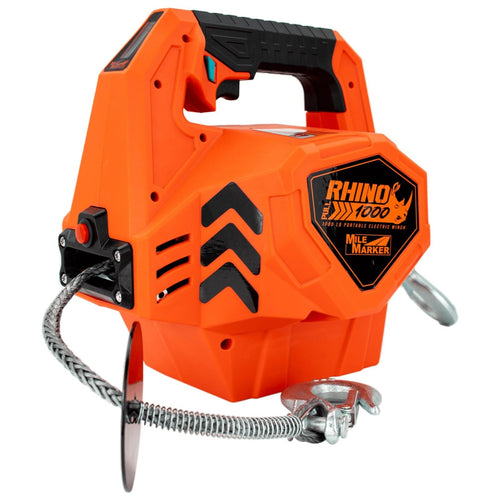 Rhino Pull 1000 Mile Marker Portable Electric Winch | 39 Feet of Synthetic Rope | Lifts or Pulls Up to 1000 Pounds | Brushless Motor | Variable Speed | Wired & Wireless Remote