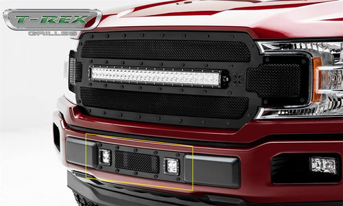 T-Rex Grilles Stealth Torch Bumper Grille 2018-2020 F-150 Limited, Lariat, Black, 1 Pc, Replacement, Black Studs with (2) 3 Inch LED Cube Lights - PN #6325791-BR