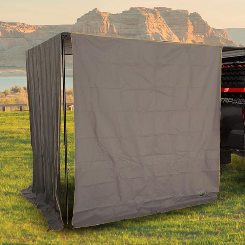 Nomadic 6.5’ Awning Overland Vehicle Systems HD Side Shade Wall - 280G Poly Cotton Rip Stop Grey Body, Green Trim - Velcro Attachment - Included Storage Bag