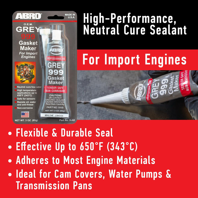 RTV Silicone Sealant and Gasket Maker ABRO - 650 Degrees F, OEM Specified, Sensor Safe, Non-Corrosive, High Temp Silicone Sealant/Head Gasket Sealant Neutral Cure, Low Odor, 3 oz. Tube - Grey