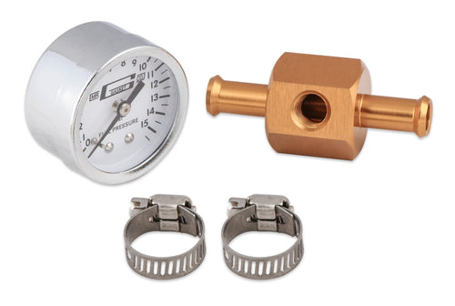Fuel Block Mr. Gasket With 0-15 PSI Pressure Gauge, Silver, 1.500 in.